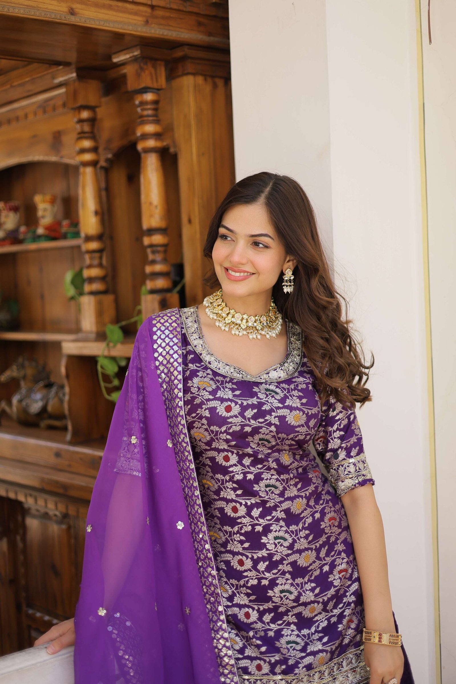 Purple Faux Blooming Sequins Embroidered Sharara Set with Matching Dupatta ? Festive & Party Wear 2024 - Image 5